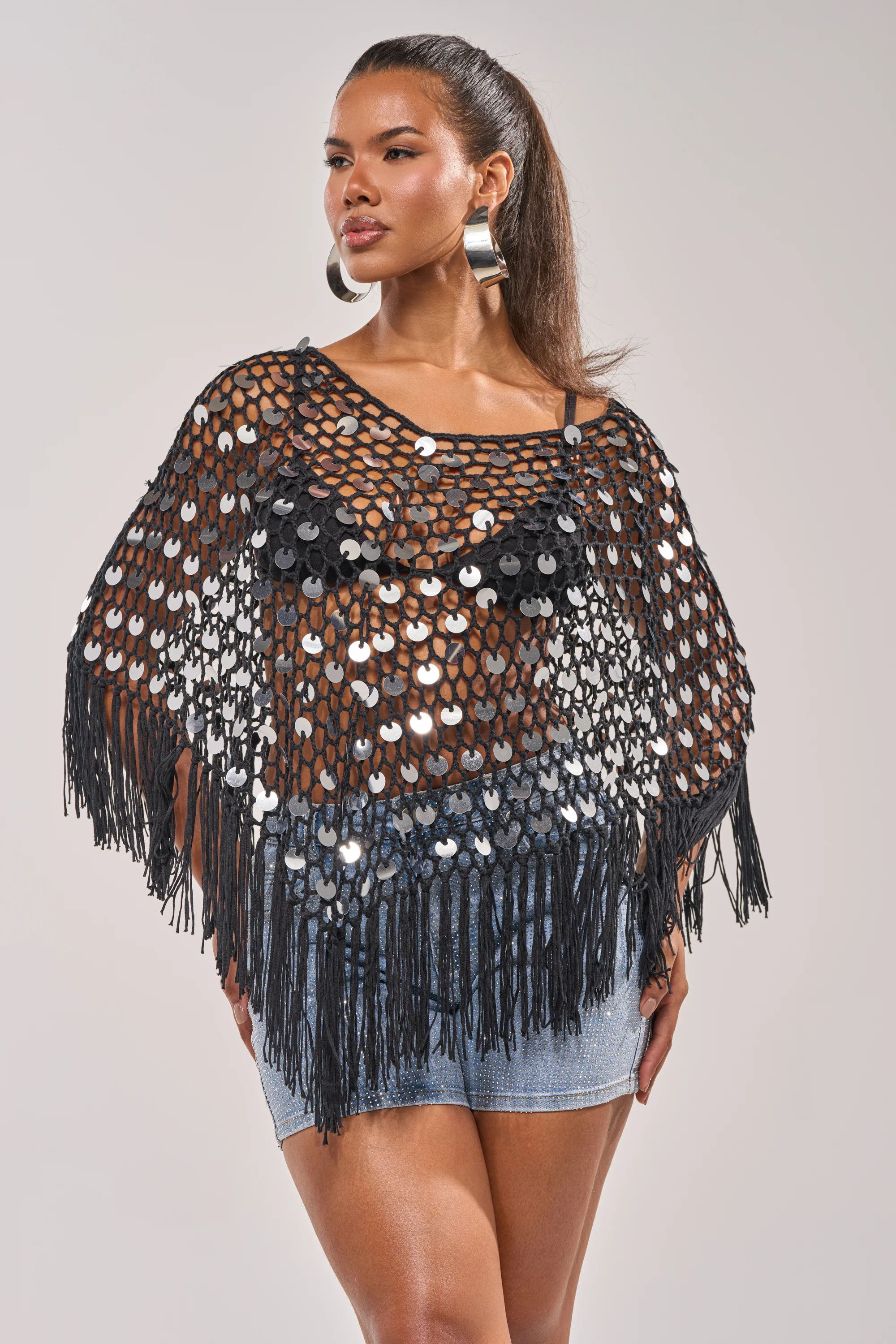 UNDER THE LIGHTS CROCHET SEQUIN PONCHO