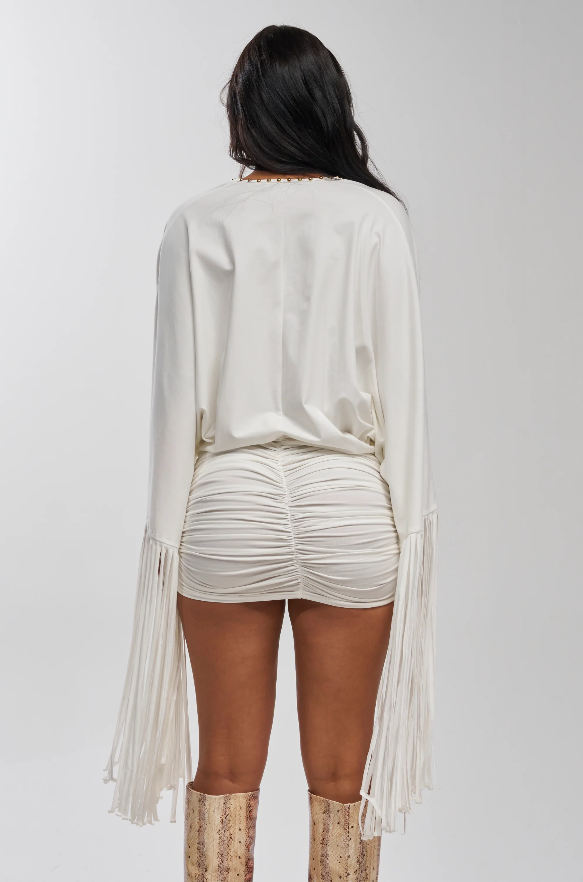 VANESSA DEEP V FRINGE MINI DRESS IN WHITE - Image 4