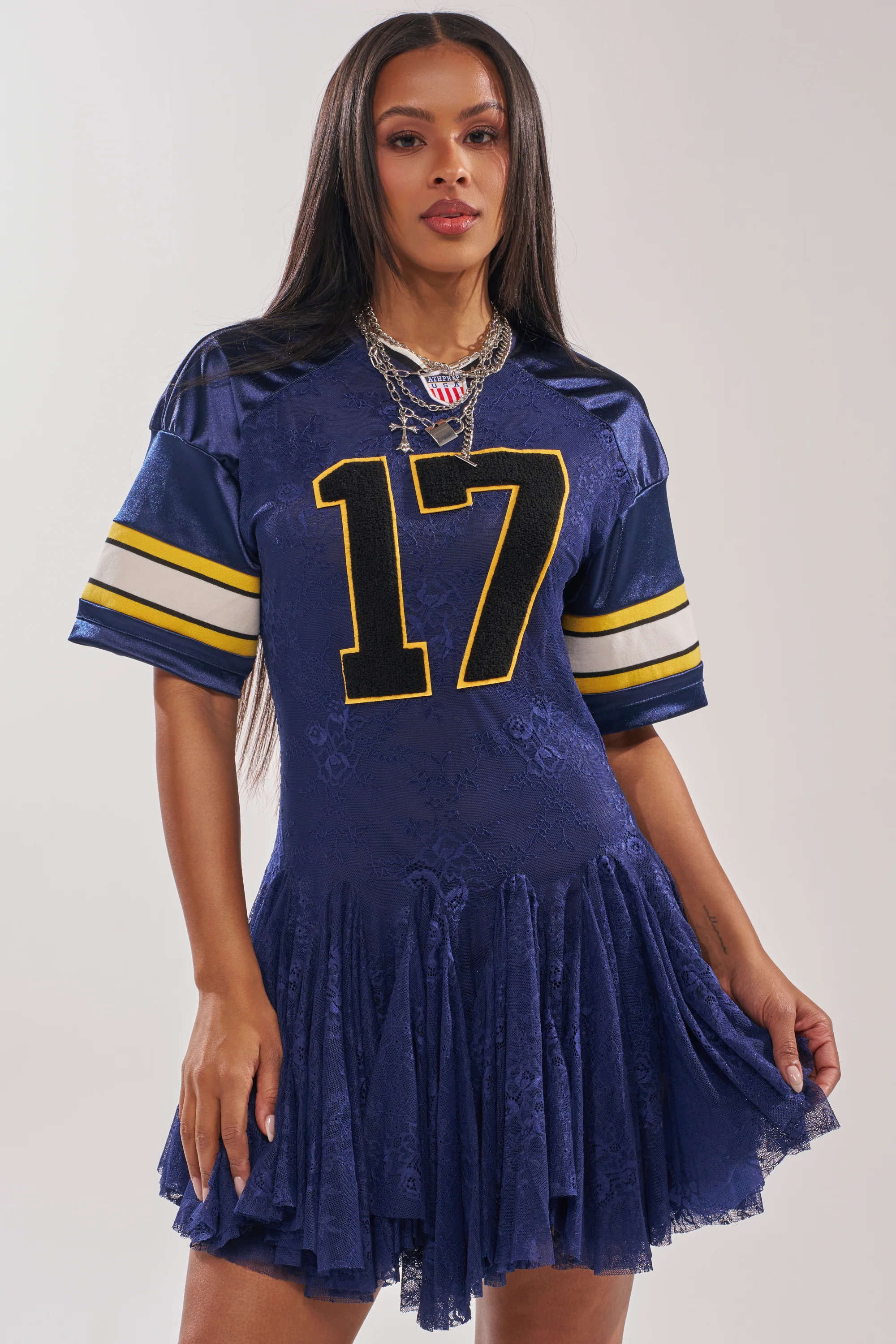 VARSITY BLUES LACE MINI DRESS