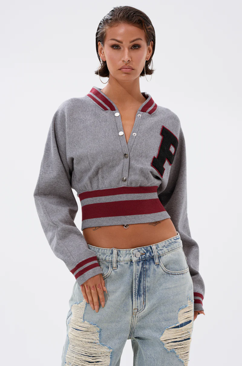 VARSITY TEAM BUTTON DOWN SWEATER IN HEATHER GREY - Image 2
