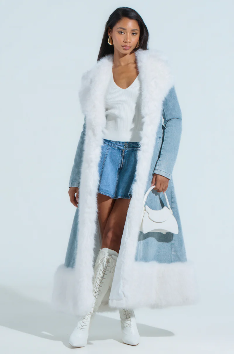 VIVIAN FUR TRIM COAT IN DENIM - Image 3